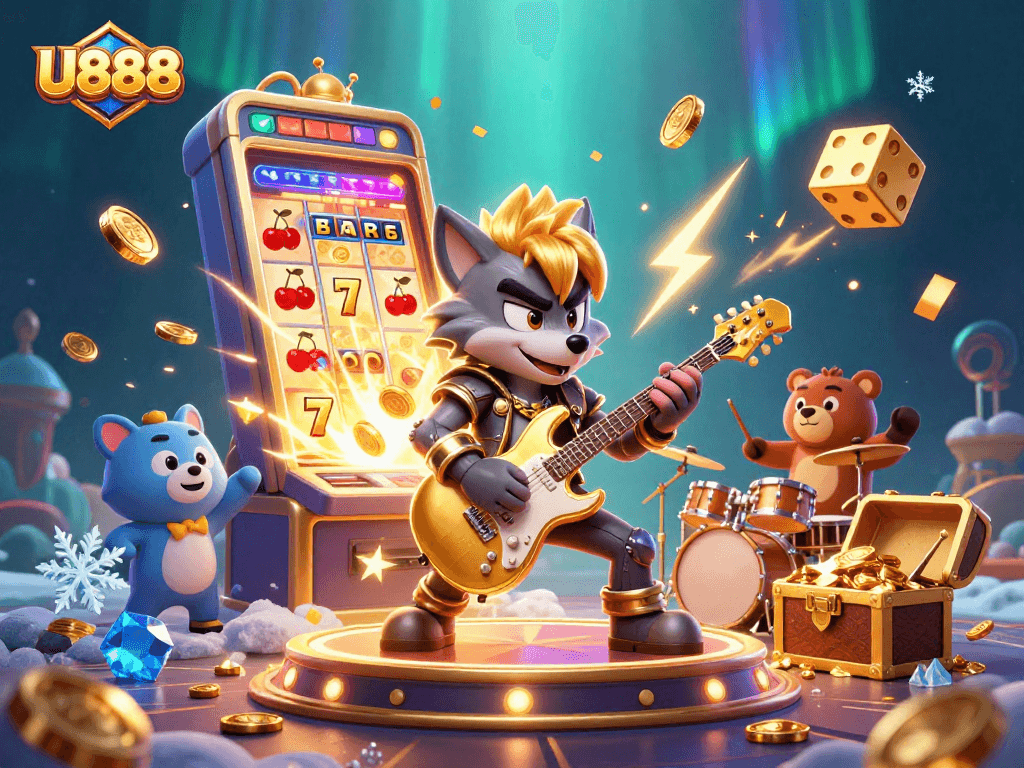 Experience U888's energetic casino world with a rock star wolf and jackpot explosion.