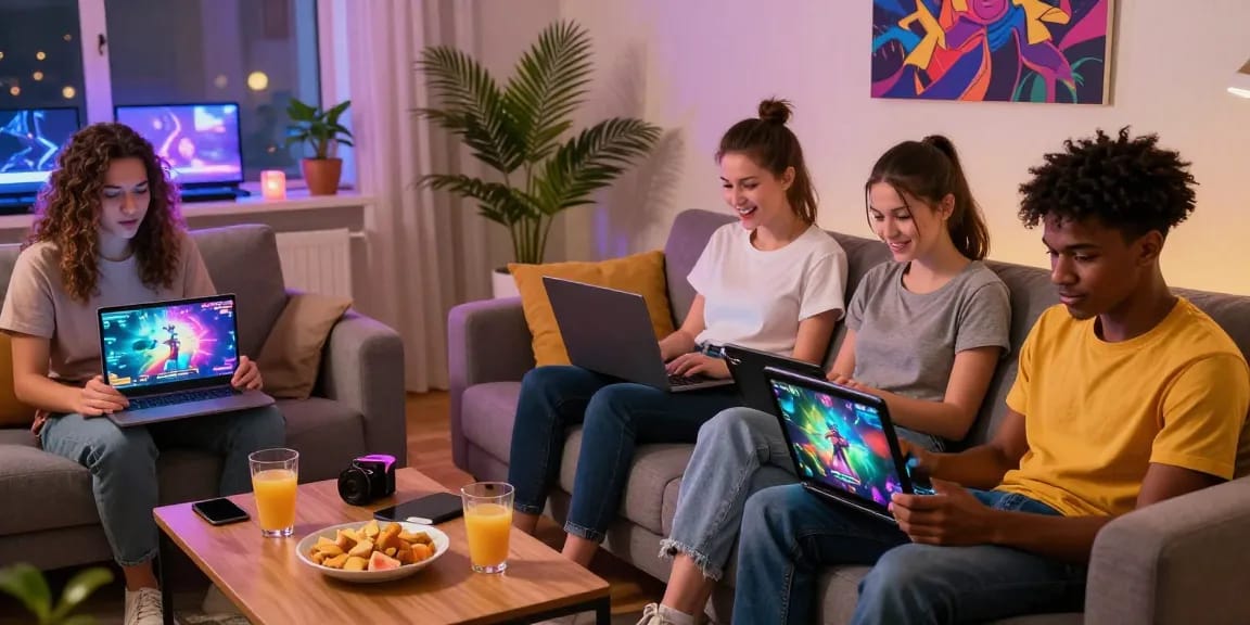 Players enjoying a free sex game online in a cozy home setting with vibrant graphics and snacks.