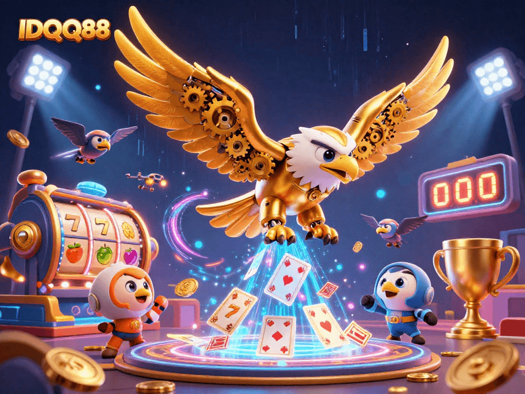 Experience the excitement of IDQQ88 with a golden eagle soaring through a vibrant scene of slot symbols.