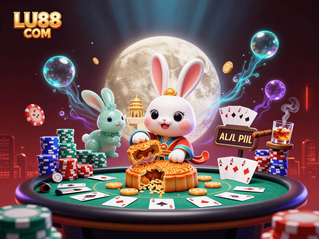 LU88 COM showcases a vibrant 3D casino scene with a moon rabbit, poker chips, and a rich background.
