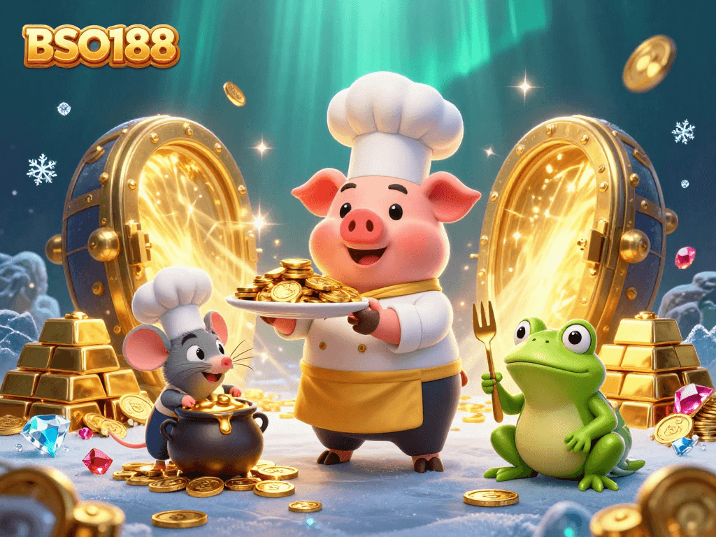 BSO188 showcases culinary delights with gold coins in a vibrant casino-themed illustration.