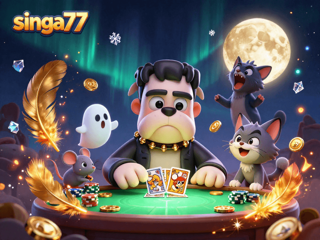 Singa77's Frankenstein bulldog deals cards at a spooky casino table amidst vibrant gambling elements.