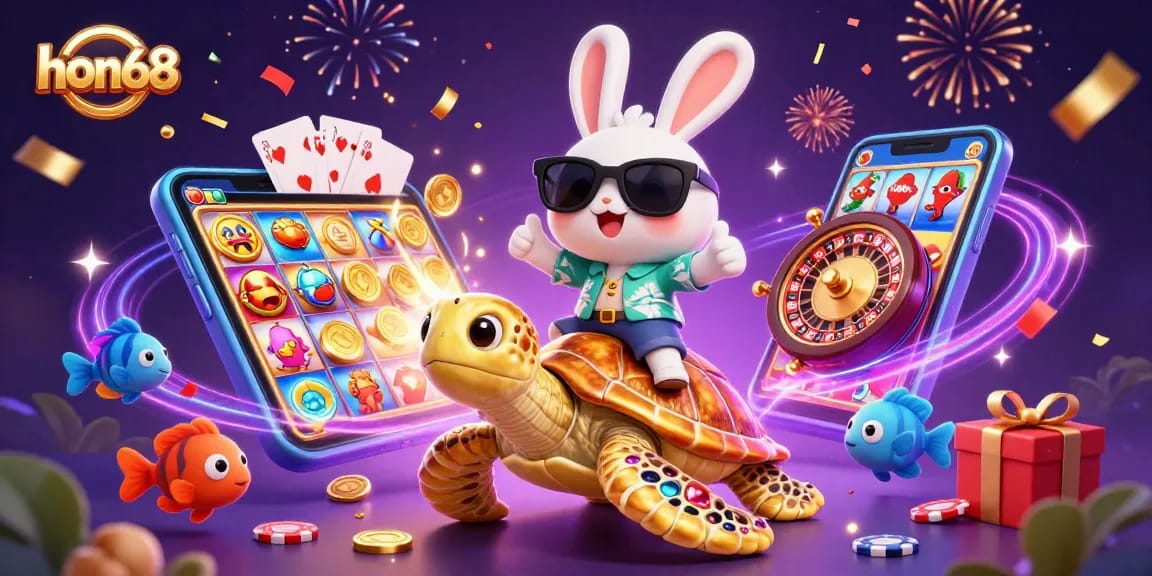 Experience the excitement of hon68 with a lucky rabbit and golden turtle amidst stunning casino elements.