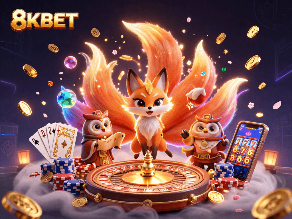 Engage with 8KBET's vibrant gaming world filled with colorful characters and exciting casino elements.
