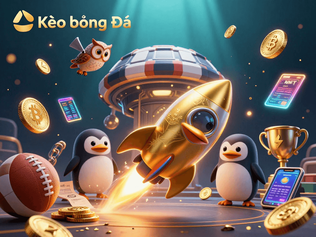 Kèo Bóng Đá brings thrilling sports betting visuals with a golden penguin and vibrant casino elements.