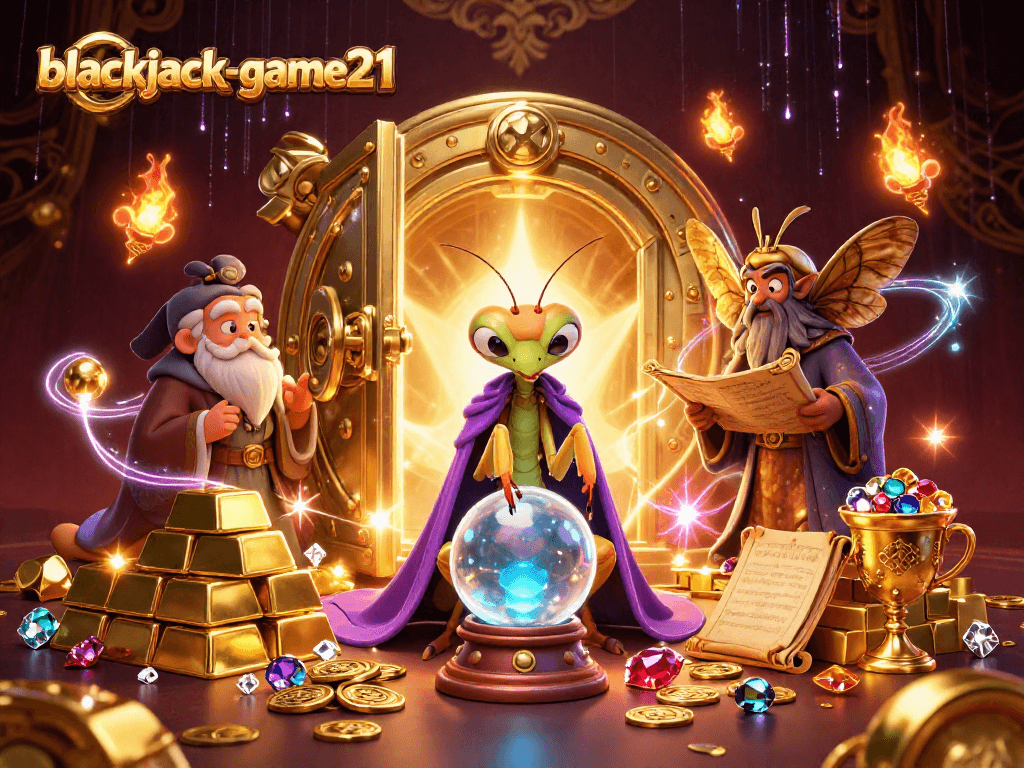 Engage with blackjack-game21 at a vibrant casino scene featuring fortune tellers and treasures.