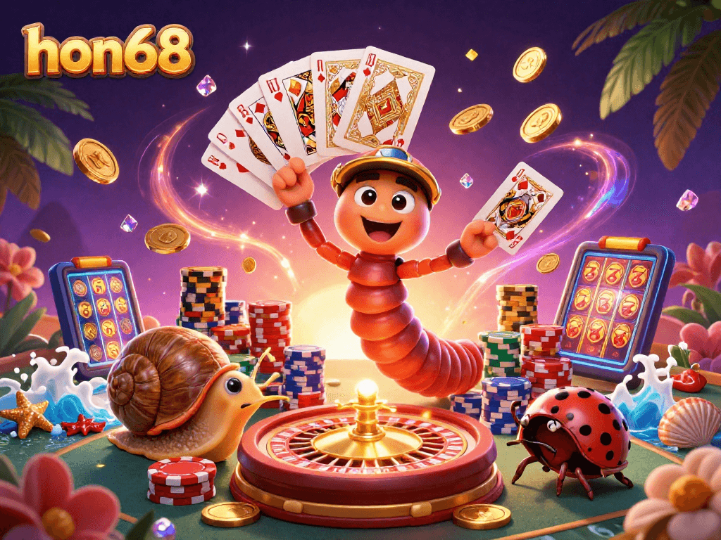 Experience the excitement of hon68 with a vibrant casino scene featuring unique characters and dynamic gaming elements.