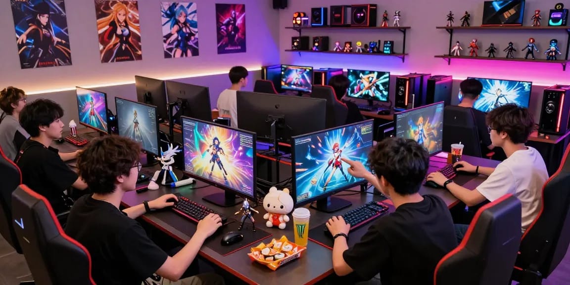 Exciting gacha168 gaming night with friends, vibrant room, screens displaying game graphics.