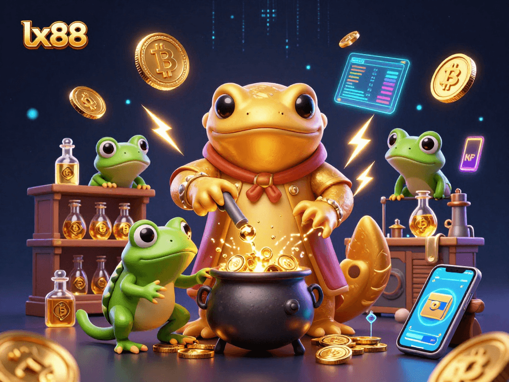 Experience the vibrant lx88 scene featuring alchemists and cryptocurrencies amidst a dazzling casino backdrop.