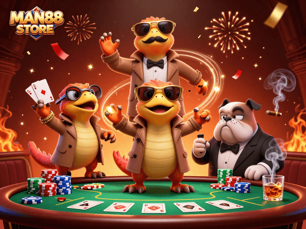Experience excitement at MAN88 STORE with three cartoon raptors in a casino scene, showcasing gaming elements.