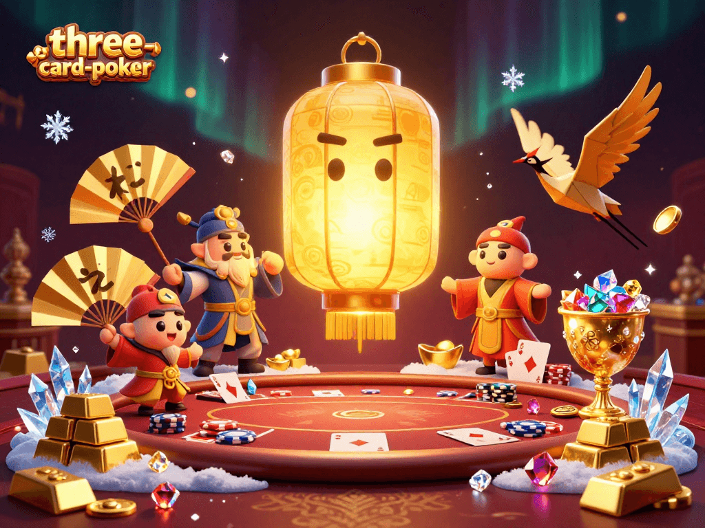 Experience the excitement of three-card-poker in this vibrant 3D casino illustration, showcasing treasures and action.