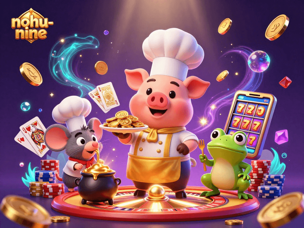 Nohun-nine showcases an exciting casino scene with a chef pig serving golden coins, inviting players to engage in thrilling gameplay.
