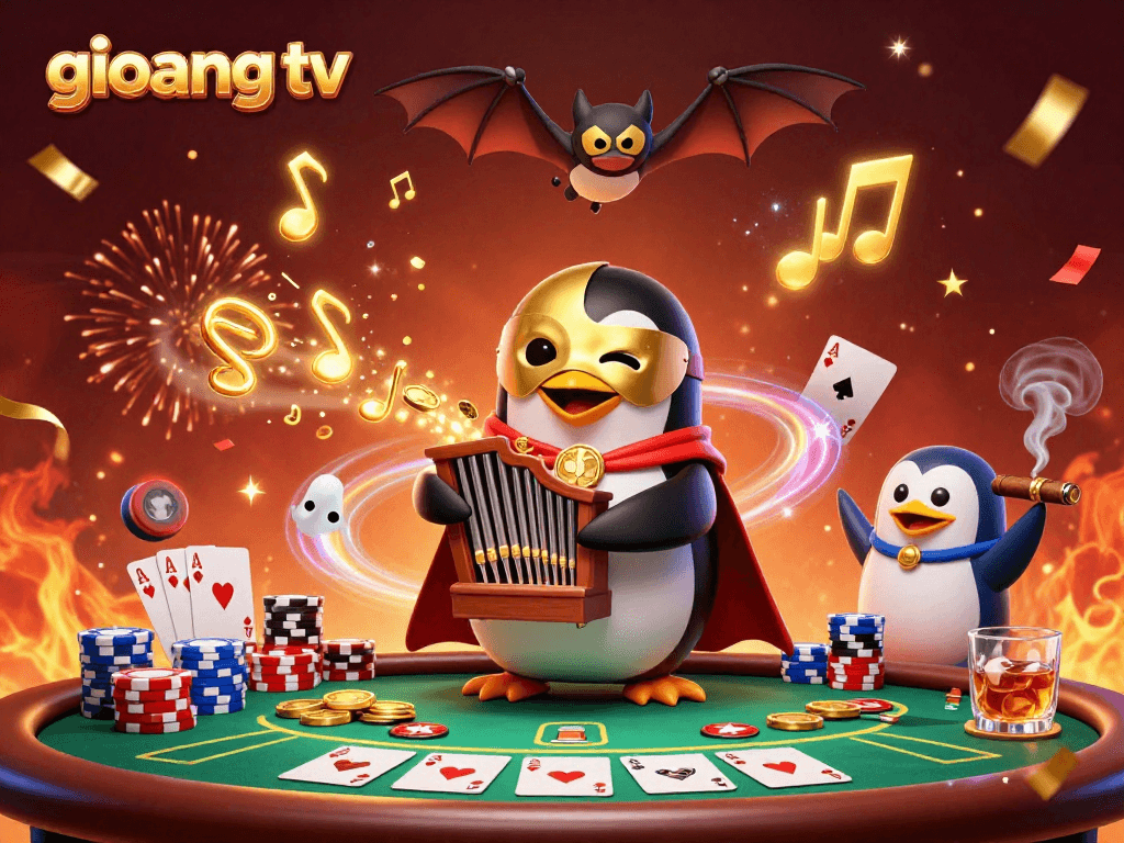 Experience thrilling moments on giovang tv as a cartoon penguin plays winning tunes and golden coins fly.
