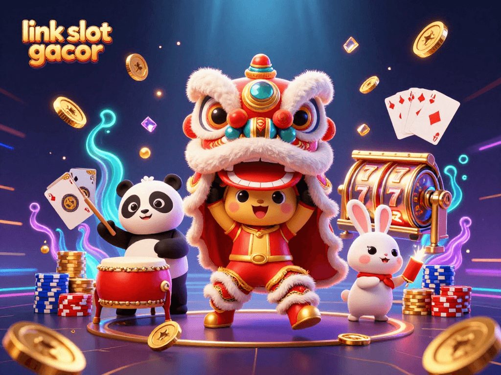 Menyambut permainan dengan link slot gacor melalui ilustrasi 3D dengan karakter karnaval, koin emas, dan simbol slot.