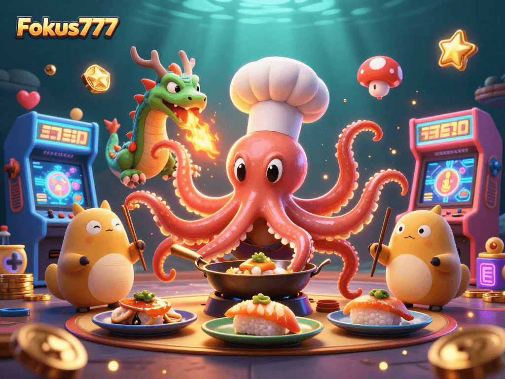 Experience the vibrant world of Fokus777 with a dynamic scene featuring colorful casino elements.