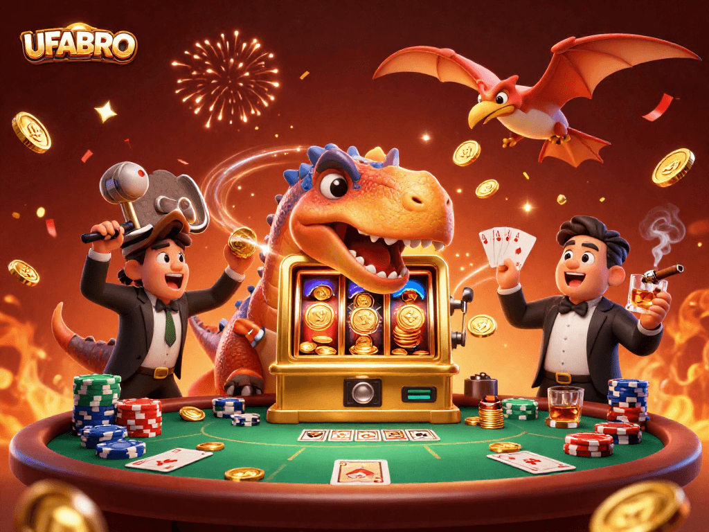 Experience thrilling jackpots with UFABRO as a pachycephalosaurus hits a golden slot machine!