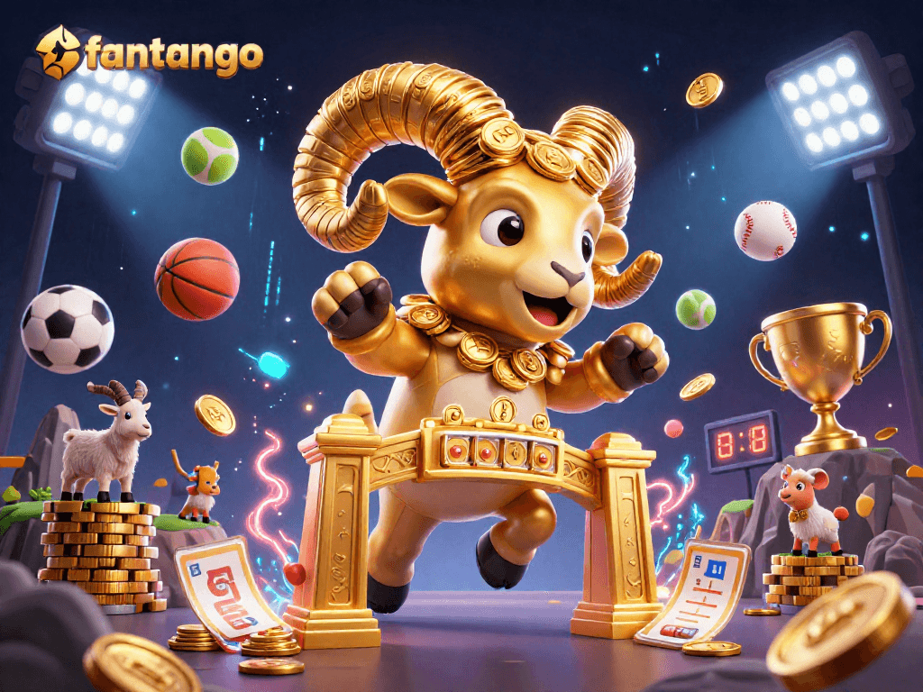 Engage in thrilling gameplay with fantango as golden ram charges, surrounded by dynamic sports elements.