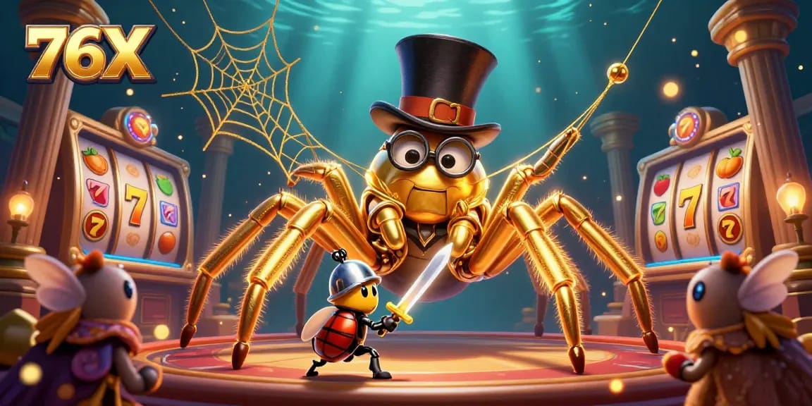 Atraia a sorte no 76X com uma aranha dourada em um cenário de cassino vibrante e divertido.