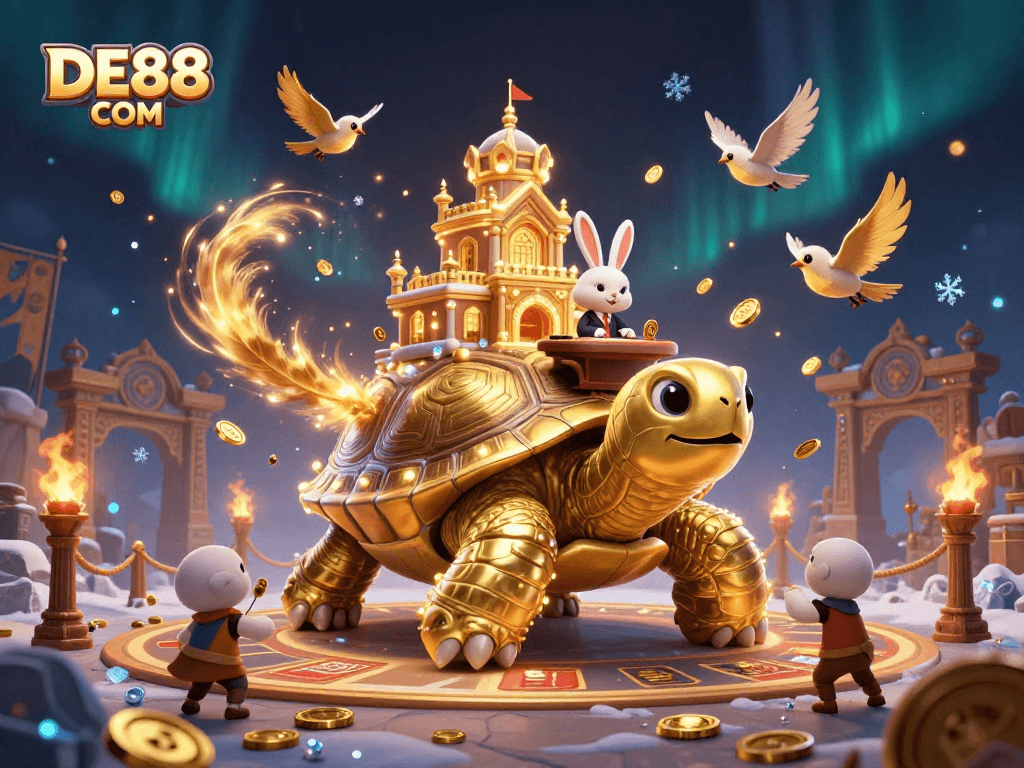 Join the excitement at DE88 COM with a vibrant 3D casino scene featuring a golden tortoise, rabbit dealer, and flying coins.