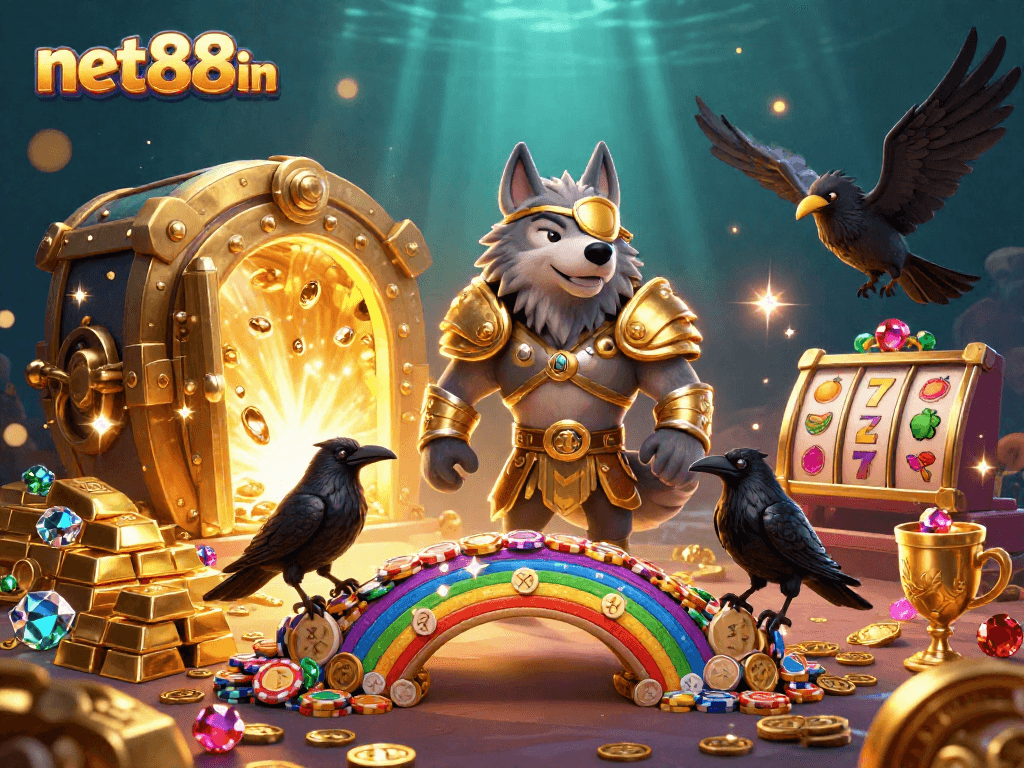 Experience the thrill of net88in with a vibrant 3D casino illustration featuring Odin's wolf on a chip bridge.