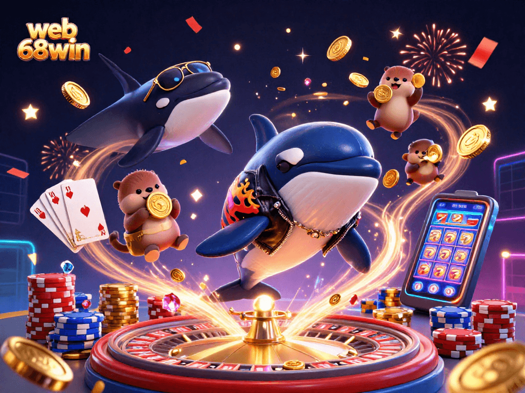 Jump into the action at web 68win with orca and otter characters celebrating casino wins.