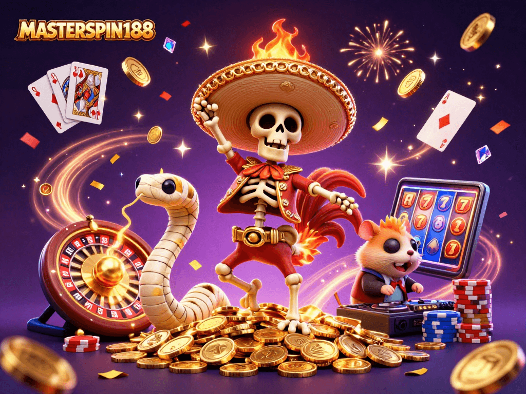 Celebrate with MASTERSPIN188’s animated casino showdown featuring a lively mariachi rooster and friends!