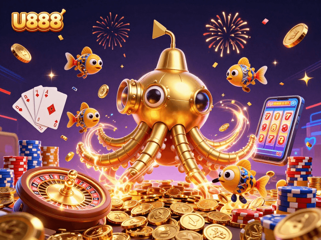 Experience the thrill of U888's dynamic gaming environment with golden coins and exciting games.
