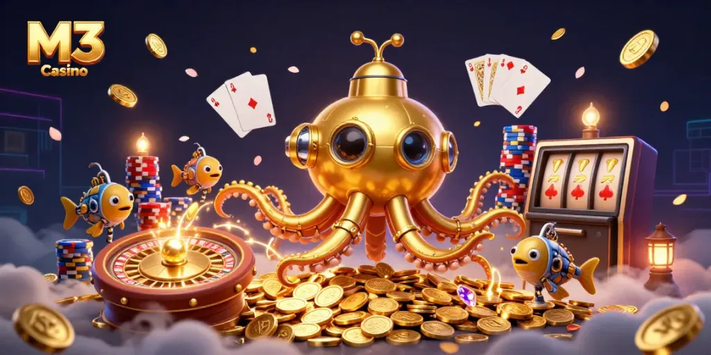Experience the excitement at M3 Casino, featuring a dynamic 3D underwater theme with golden coins and playful elements.