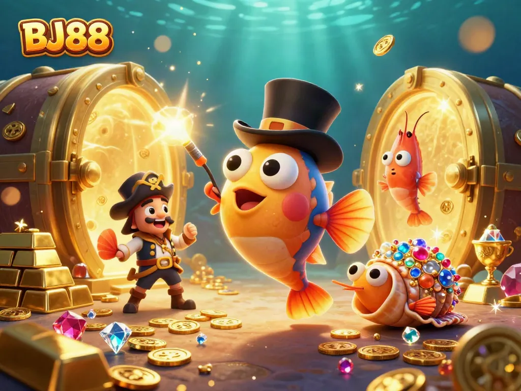 Experience thrilling wins at BJ88 with a vibrant 3D illustration of underwater casino treasures.