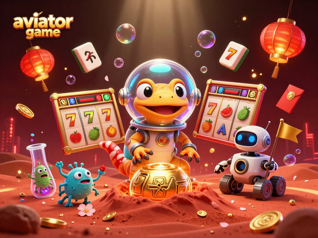 A dynamic 3D scene showcasing the aviator game with a Martian gecko and casino elements to illustrate playful gambling excitement.