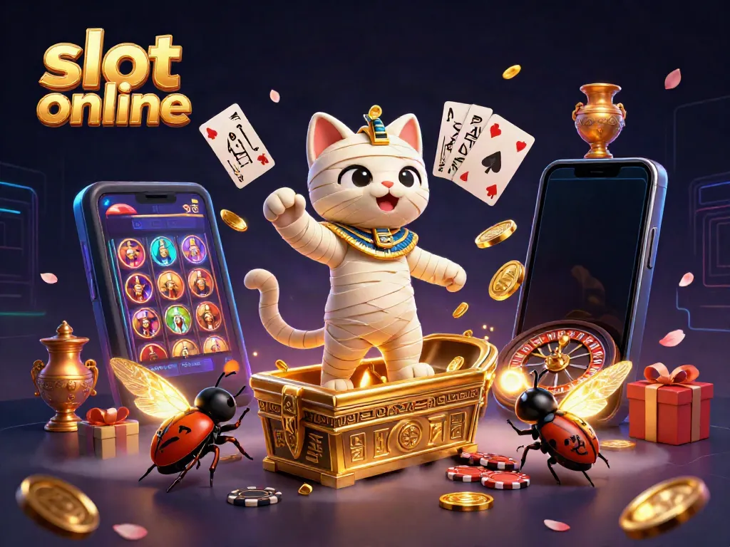 Experience thrilling slot online gameplay with a dynamic mummy cat and glowing scarab in a casino scene.