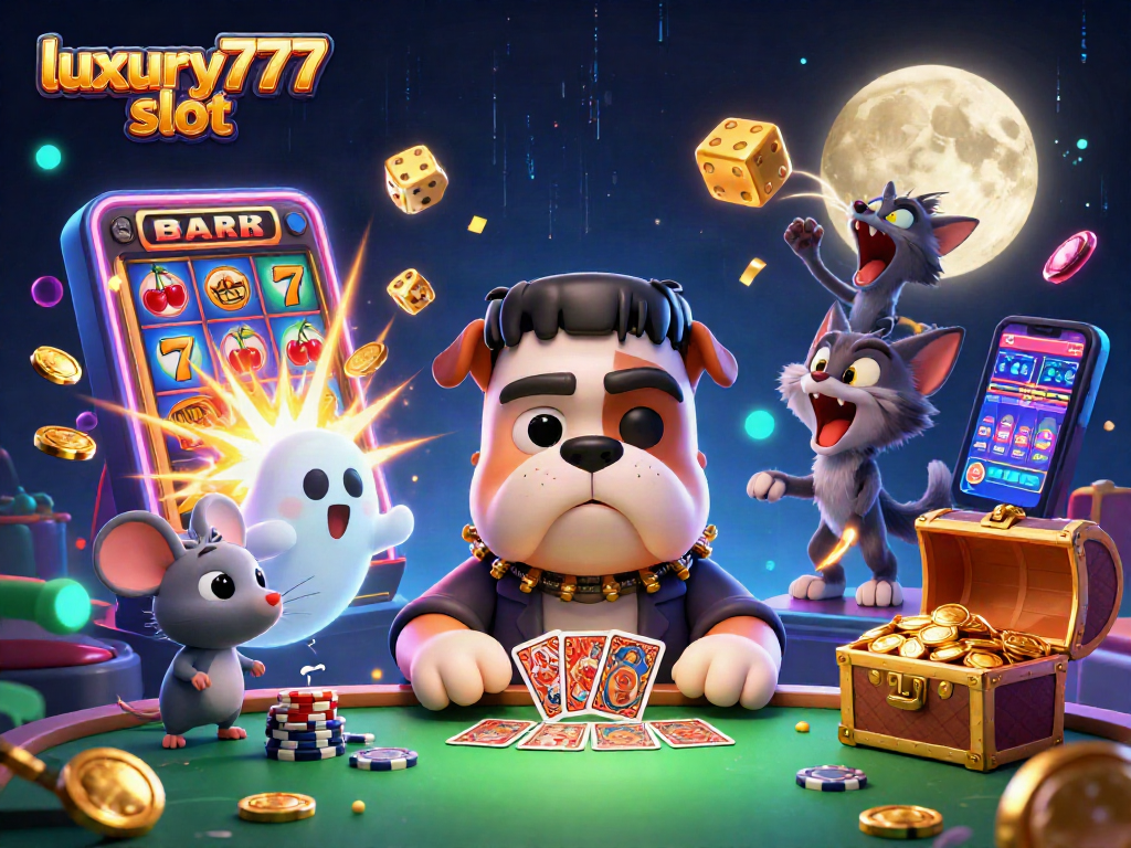Slot luxury777 slot: Bulldog Frankenstein dan kucing werewolf bersenang-senang di meja kasino.