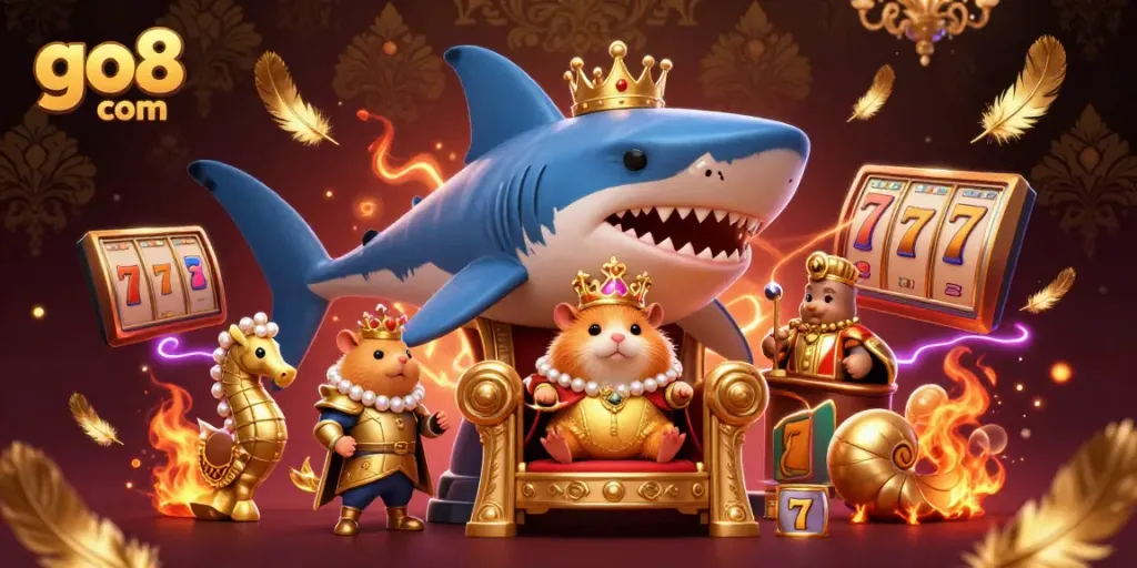 Experience the thrill of go8 com; a golden hamster king amidst a vibrant casino scene full of game elements.