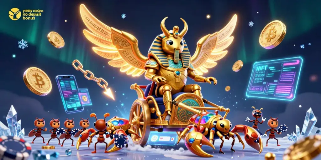 Play with the yabby casino no deposit bonus featuring a golden scarab beetle and crypto coins.