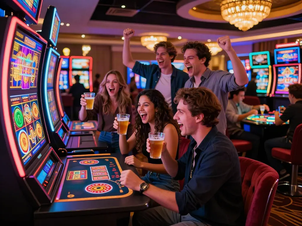 Exciting group of friends celebrating at a slot machine in a lively casino, showcasing the joy of gaming.