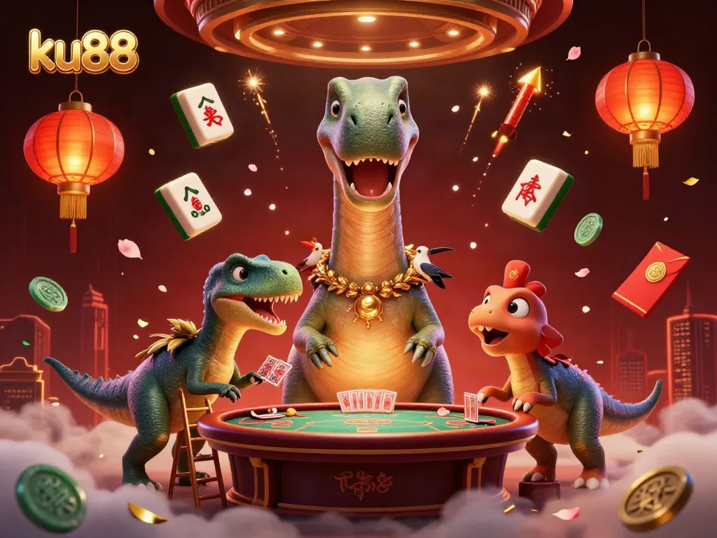 Engage in thrilling casino excitement at ku88 with a vibrant, dynamic 3D illustration featuring a lively gaming scene.