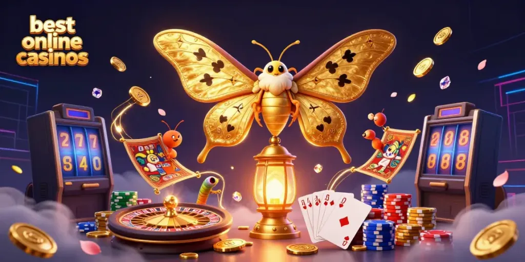 Experience the best online casinos with golden moths, coins, cards, and vibrant casino elements.