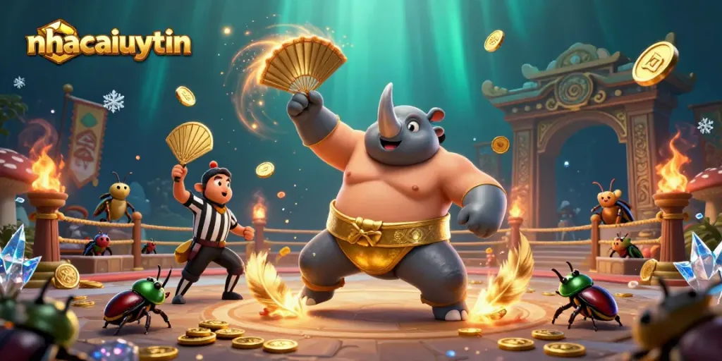 nhacaiuytin showcases a powerful beetle champion winning amidst swirling golden coins and vibrant casino elements.