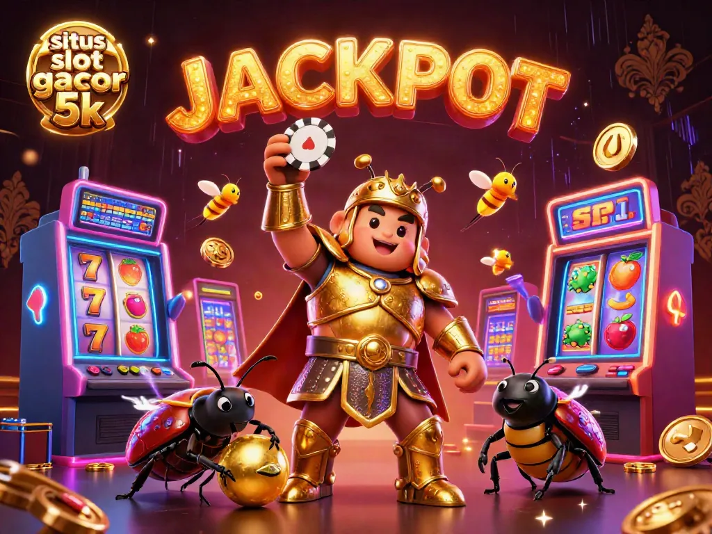 Win big with situs slot gacor 5k, featuring a heroic beetle and vibrant slot machines.