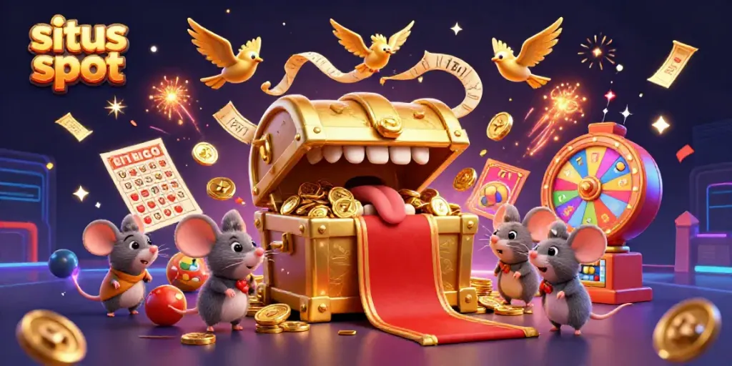 Illustration of a lively casino scene with situs slot elements, showcasing a golden treasure chest and slot reels.