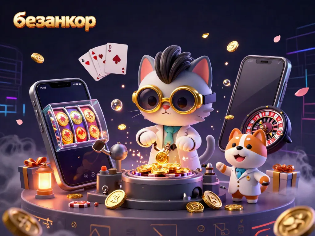 Experience безанкор in action with a dynamic scene of a mad scientist cat and assistant amidst golden casino gaming elements.
