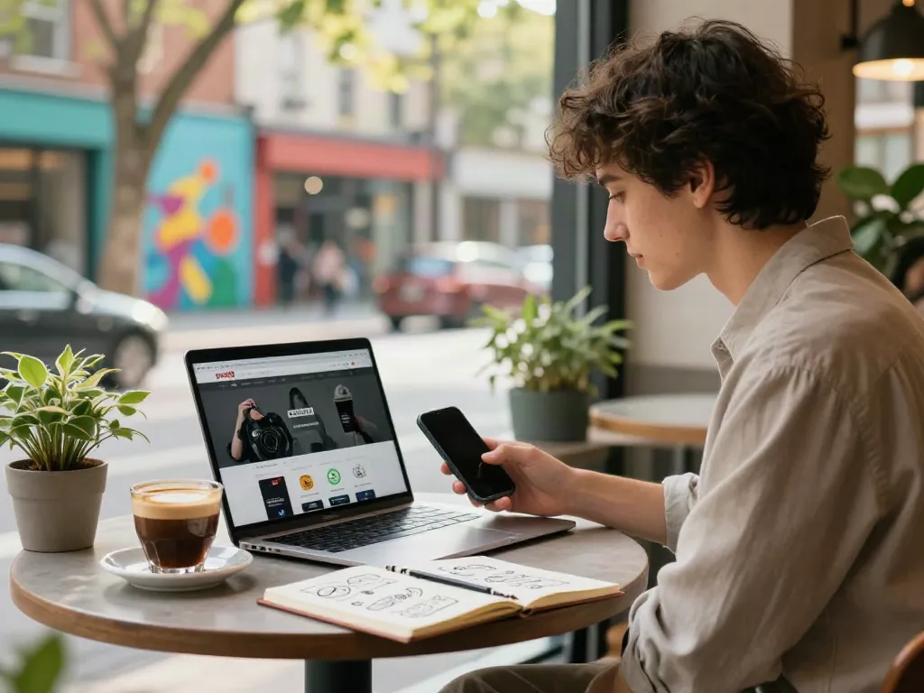 Entrepreneur checking peh888 on laptop while enjoying coffee outdoors.