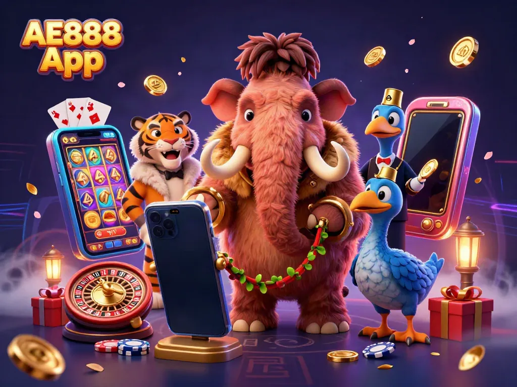 Engage with the AE888 App through a vibrant scene featuring playful casino characters and gaming elements.