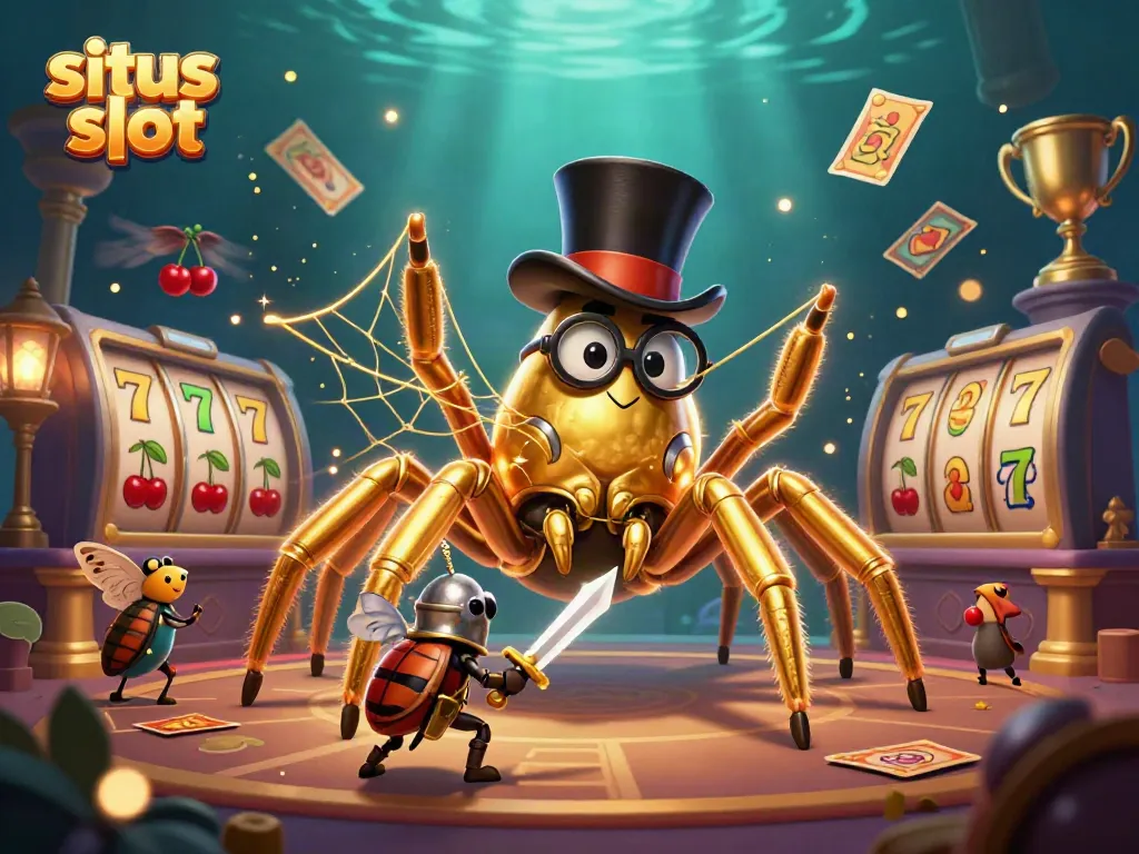 Engage with situs slot through a dynamic casino scene featuring a golden tarantula and beetle knight.