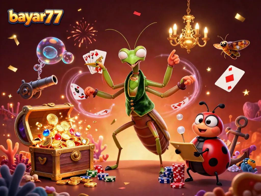 Engage with bayan77's vibrant casino theme showcasing dynamic characters and treasures.