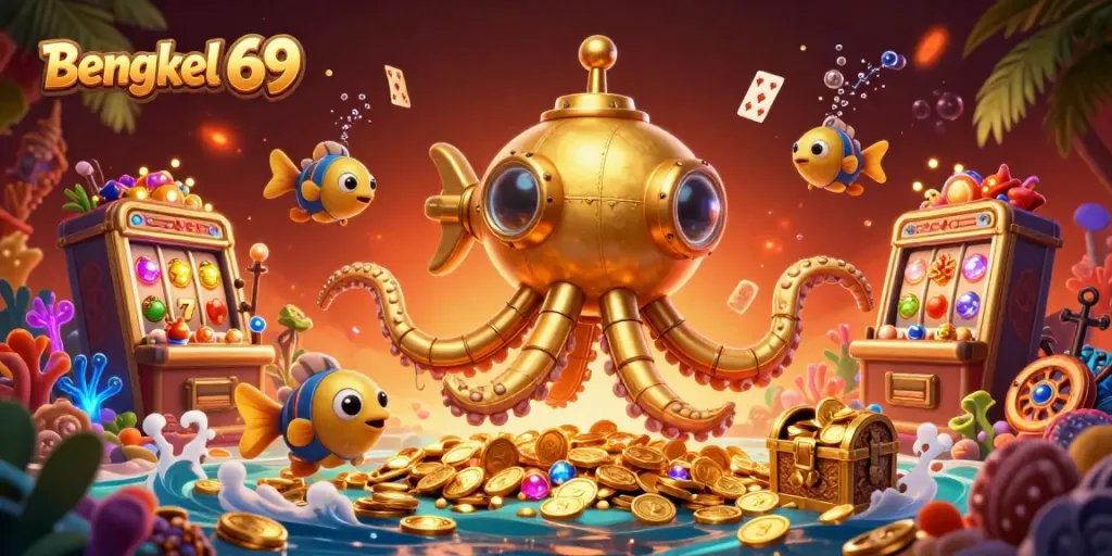 Bengkel 69 enhances gaming excitement with a golden kraken submarine and vibrant slot elements