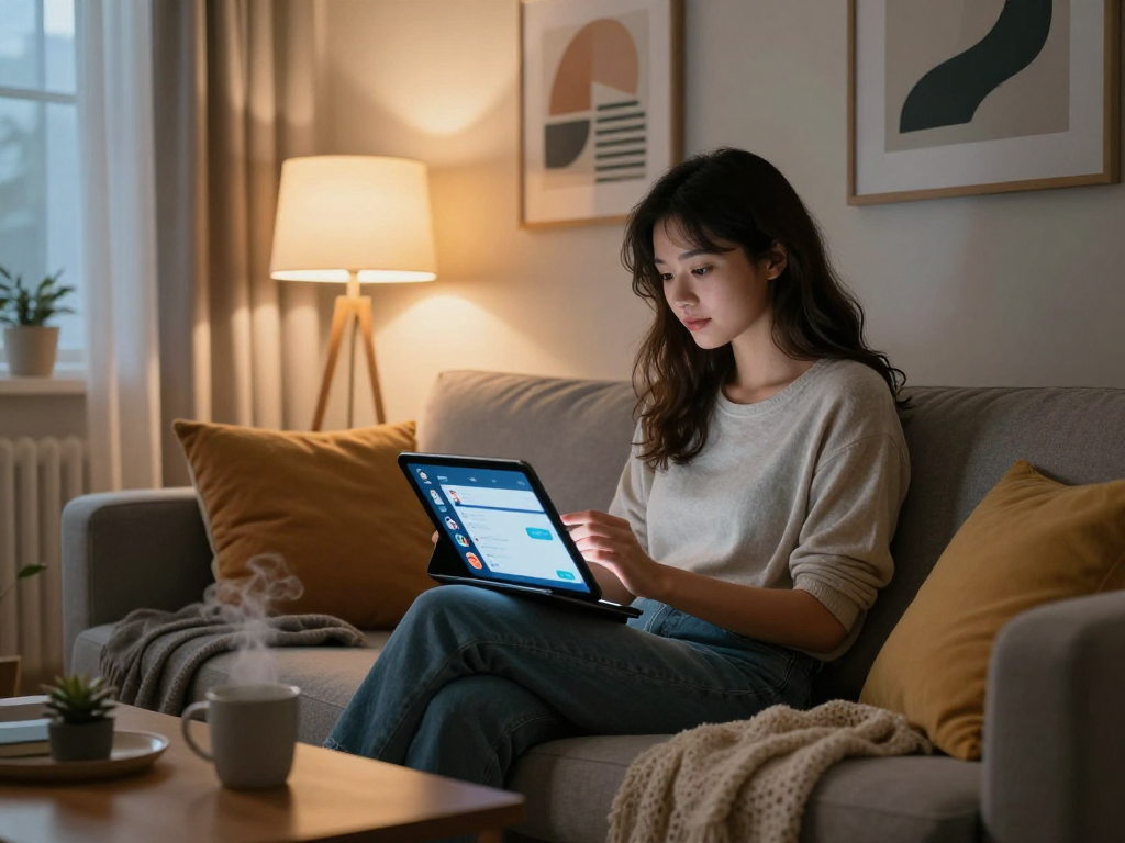 Engaging moment in a porn ai chat, showcasing a woman interacting with a friendly AI on a tablet in a cozy living room.