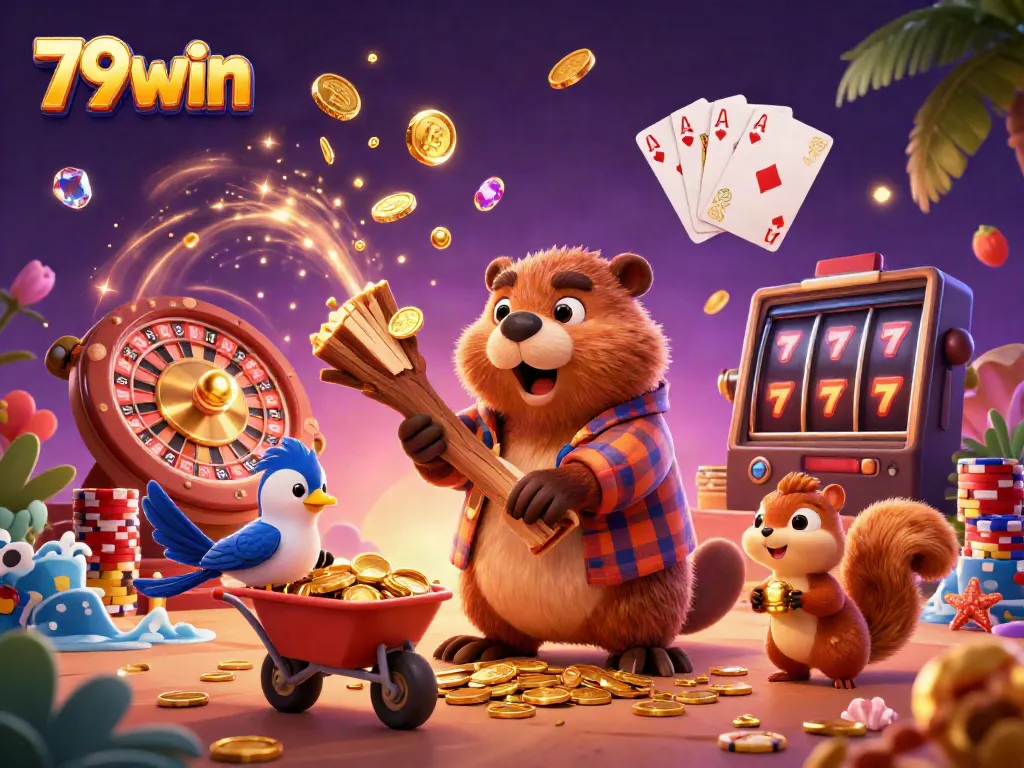 Experience the excitement of 79win with golden coins raining down and colorful casino elements.