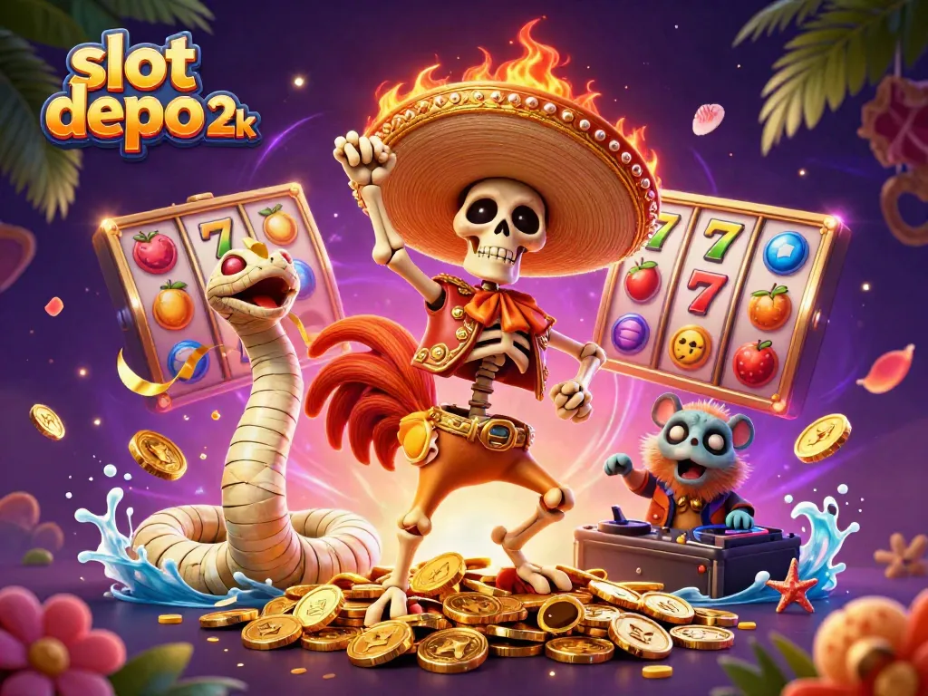 Engage with slot depo 2k featuring a lively skeleton and themed casino elements in a vibrant scene.
