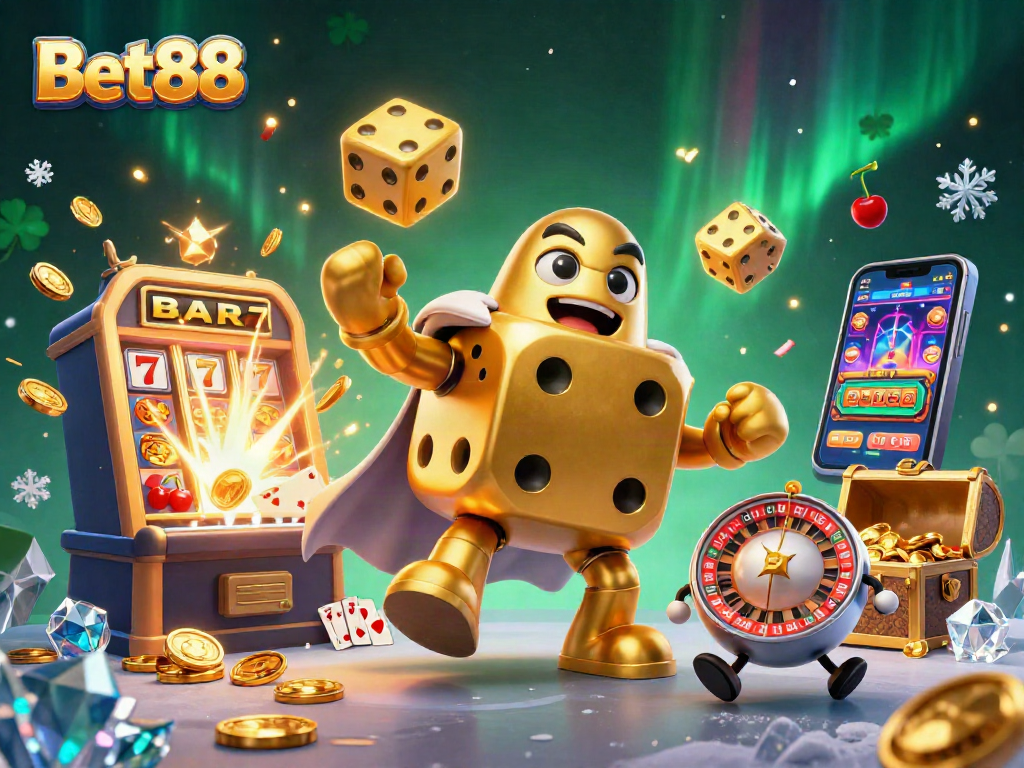 Win big with Bet88 in a vibrant online casino scene featuring golden dice and jackpot excitement.